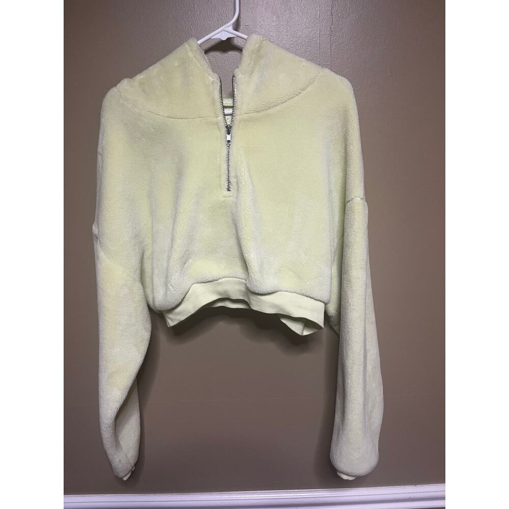 Urban Outfitters Pale Yellow Cropped Fleece Quarter-Zip Hoodie